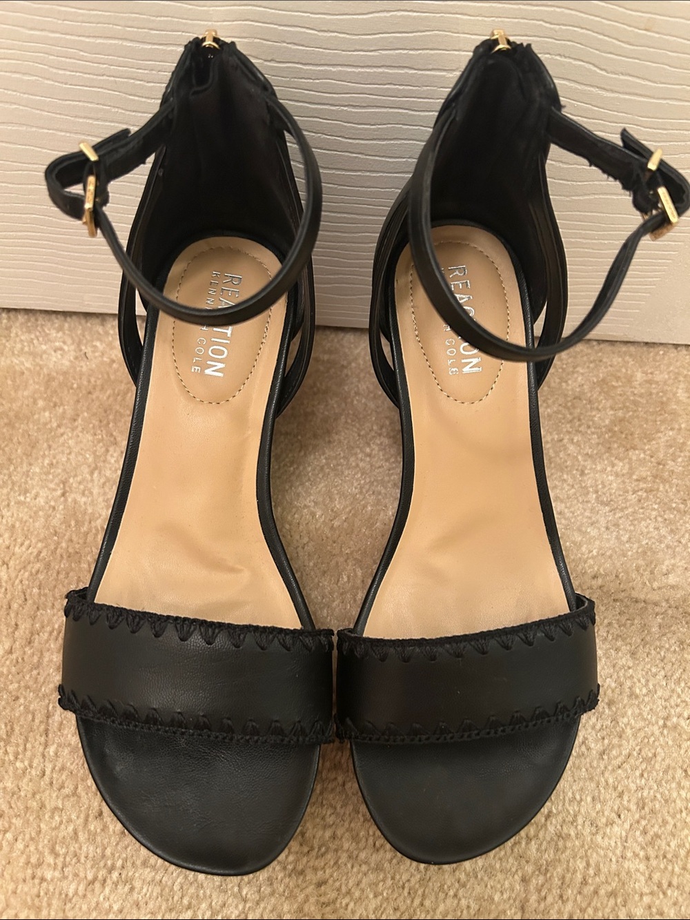 Reaction Kenneth Cole Black Ankle-Strap Sandals with Gold Buckles